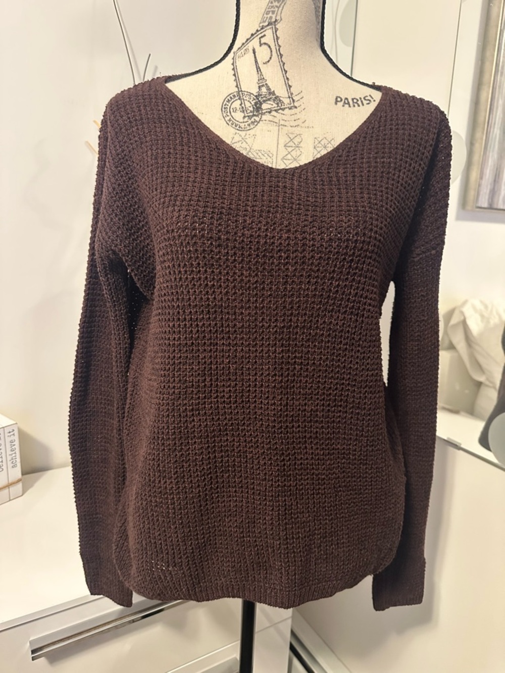 Harlow Classic V-Neck Waffle Knit Sweater - Dark Brown